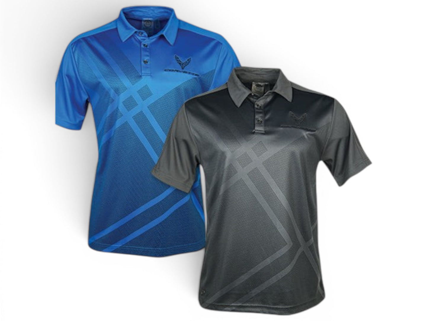 T-Top Vibes men's Corvette C8 Stormtech performance polo shirts in blue and charcoal grey with moisture-wicking fabric.