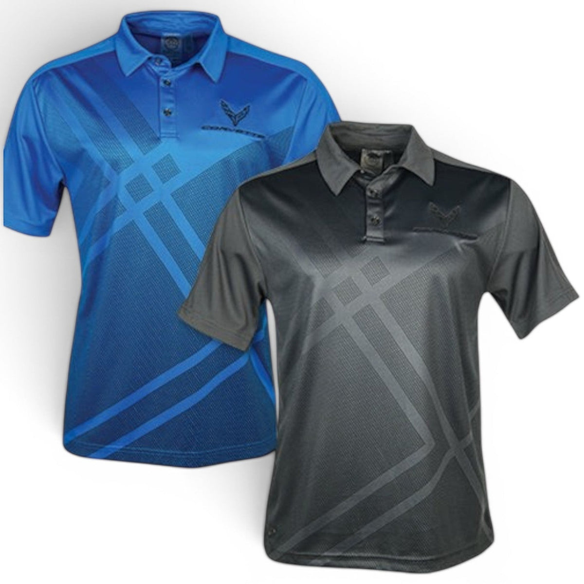 T-Top Vibes men's Corvette C8 Stormtech performance polo shirts in blue and charcoal grey with moisture-wicking fabric.
