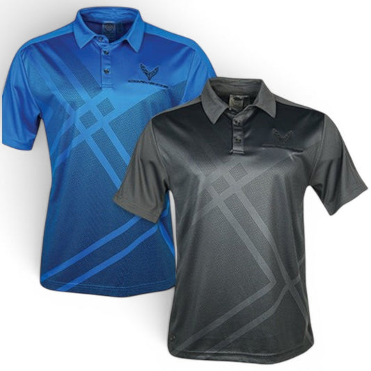 T-Top Vibes men's Corvette C8 Stormtech performance polo shirts in blue and charcoal grey with moisture-wicking fabric.