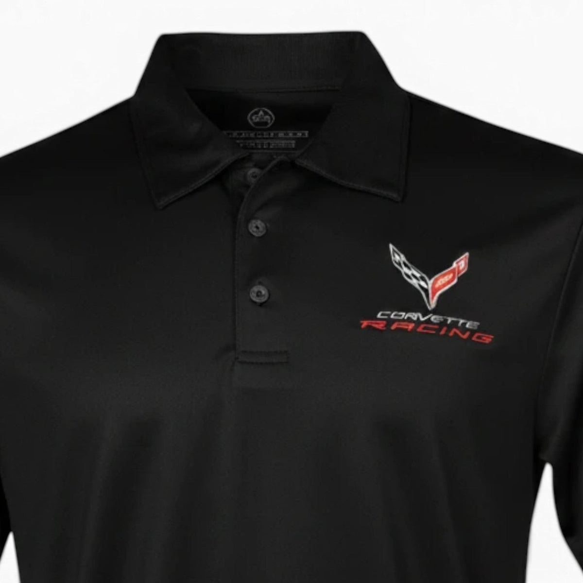 T-Top Vibes black Corvette C8 Racing performance polo shirt with embroidered emblem and three-button placket