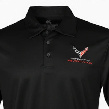 T-Top Vibes black Corvette C8 Racing performance polo shirt with embroidered emblem and three-button placket