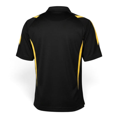Back view of T-Top Vibes black and yellow moisture-wicking performance polo shirt for Corvette C8 racing fans.