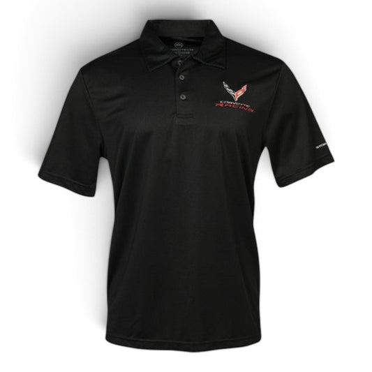T-Top Vibes black Corvette C8 Racing performance polo shirt with moisture-wicking fabric and embroidered emblem