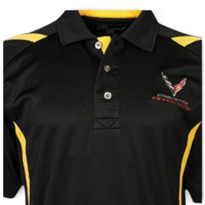 T-Top Vibes black and yellow Corvette C8 Racing performance polo shirt with embroidered emblem and three-button collar