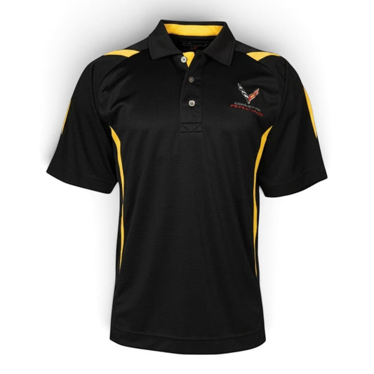 T-Top Vibes black and yellow Corvette C8 Racing performance polo shirt with embroidered emblem and moisture-wicking fabric