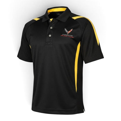 T-Top Vibes black and yellow Corvette C8 Racing performance polo shirt with moisture-wicking micro-polyester fabric