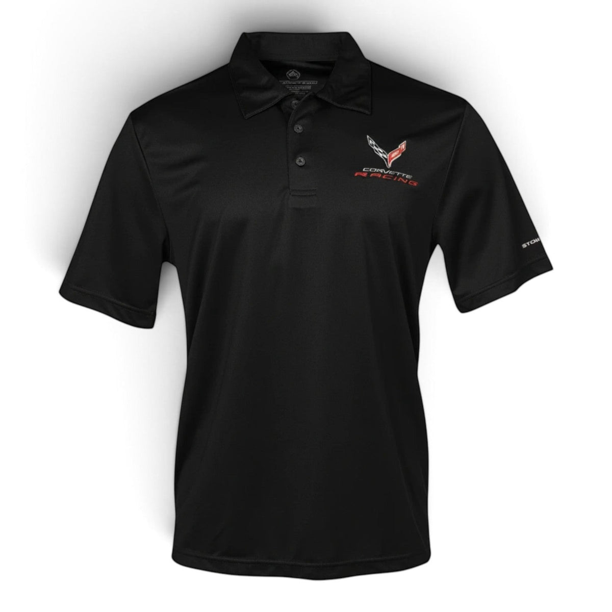 T-Top Vibes black Corvette C8 Racing performance polo shirt with embroidered emblem and moisture-wicking fabric