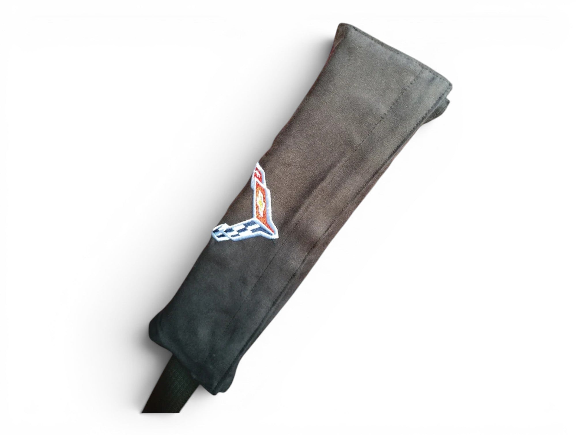 T-Top Vibes black Corvette C8 seat belt cushion with embroidered crossed flags logo for added driving comfort