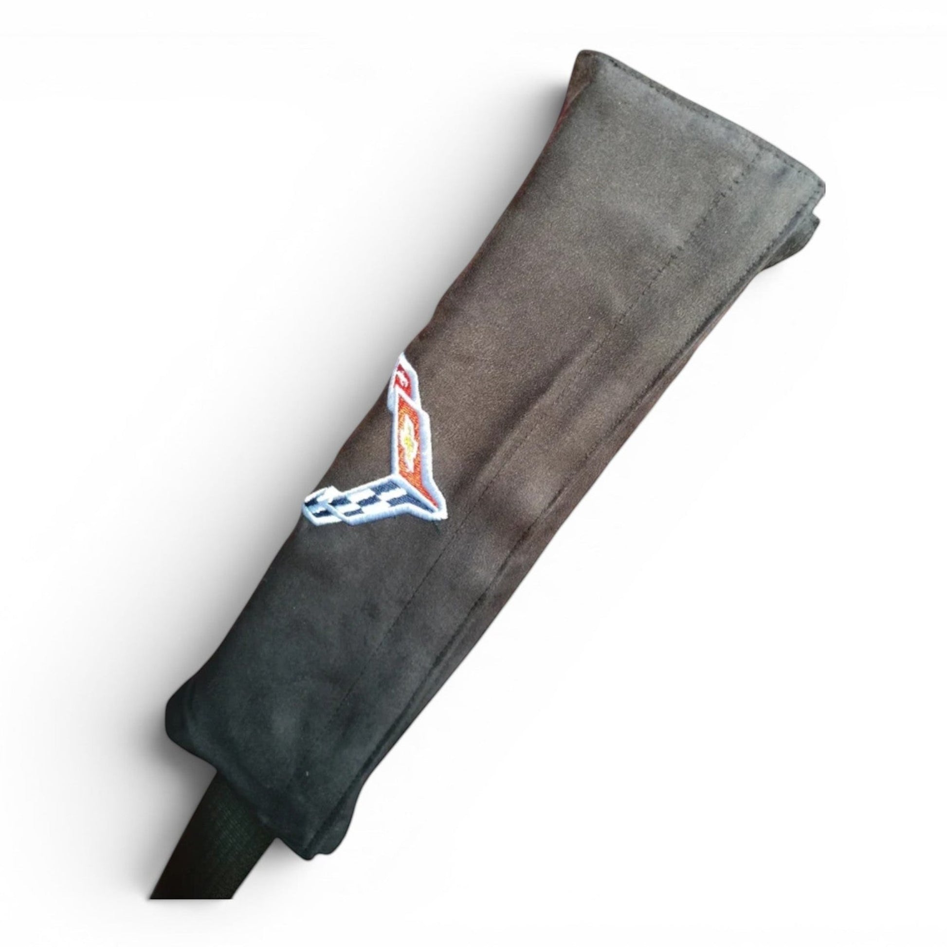 T-Top Vibes black Corvette C8 seat belt cushion with embroidered crossed flags logo for added driving comfort
