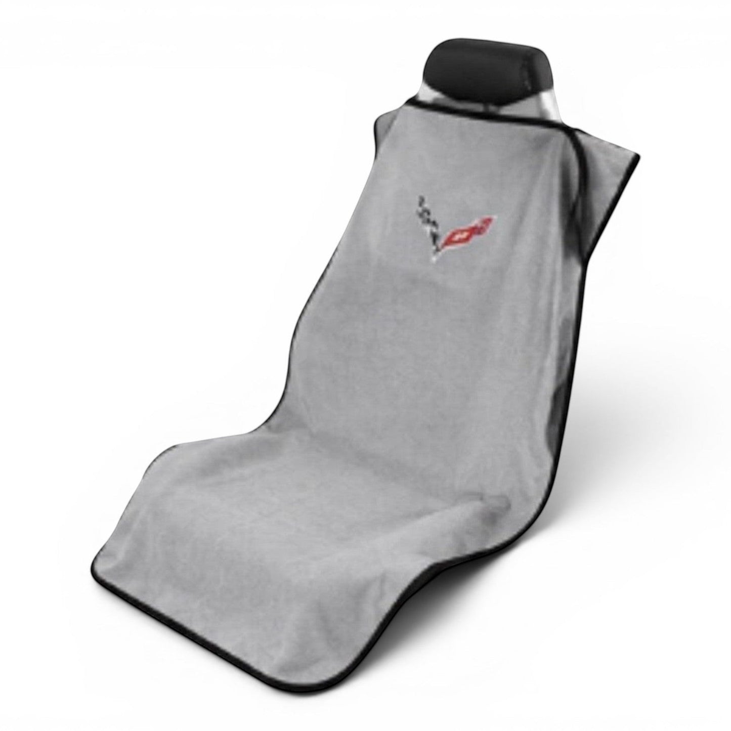 T-Top Vibes Corvette C8 grey cotton terry velour car seat cover towel with official logo on a black headrest