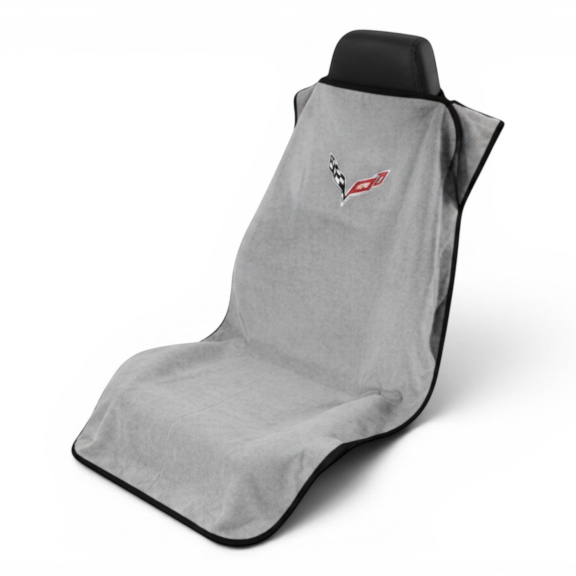 T-Top Vibes grey cotton terry velour Corvette C8 car seat cover towel with official logo on a black headrest