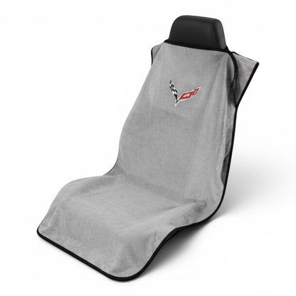 T-Top Vibes grey cotton terry velour Corvette C8 car seat cover towel with official logo on a black headrest
