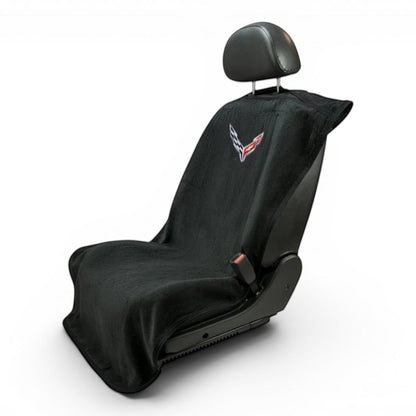 T-Top Vibes black cotton terry velour Corvette C8 seat cover towel draped over a car seat