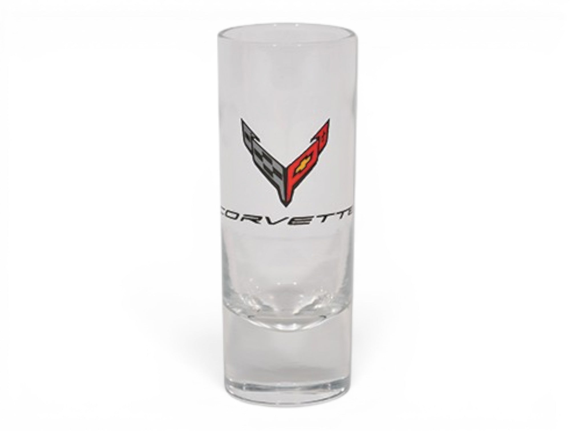 T-Top Vibes clear glass 2.5 oz shot glass featuring the official Chevrolet Corvette C8 cross flags logo