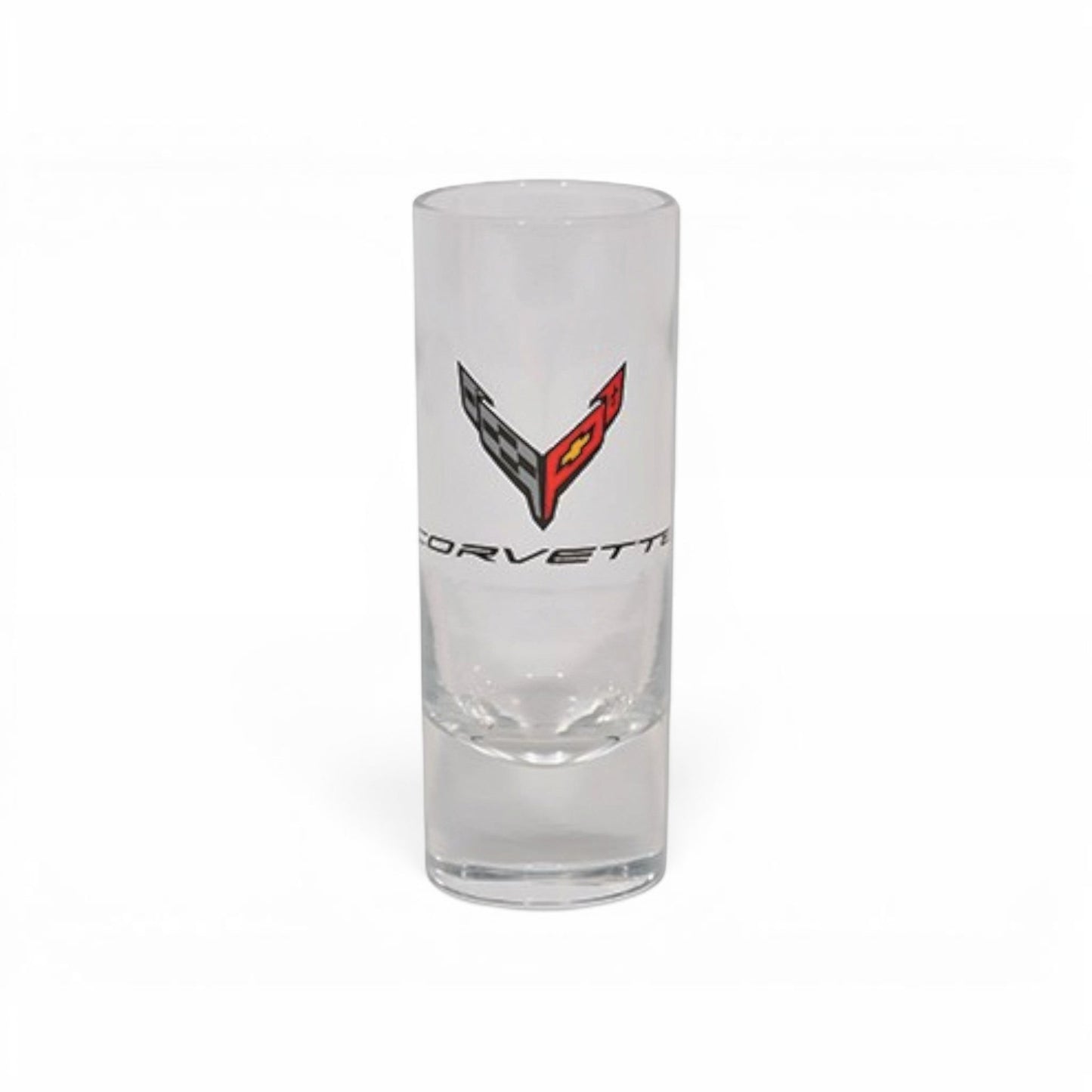 T-Top Vibes clear glass 2.5 oz shot glass featuring the official Chevrolet Corvette C8 cross flags logo