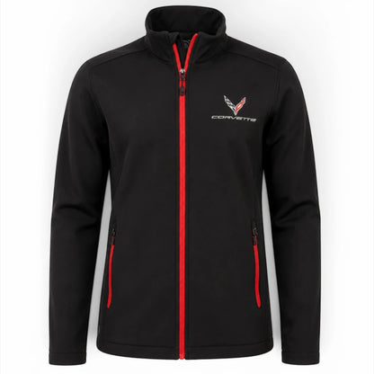 T-Top Vibes black Corvette C8 soft shell jacket with red zipper accents and embroidered chest emblem