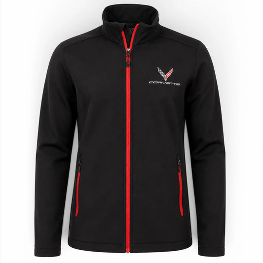 T-Top Vibes black Corvette C8 soft shell jacket with red zipper accents and embroidered chest emblem