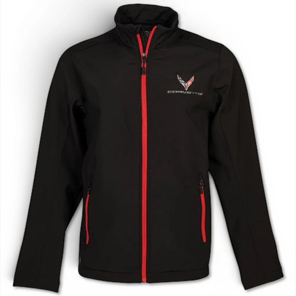 T-Top Vibes black and red Corvette C8 soft shell jacket with embroidered chest emblem and zippered pockets