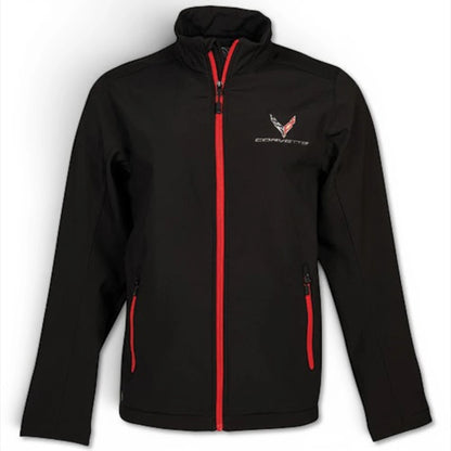T-Top Vibes black and red Corvette C8 soft shell jacket with embroidered chest emblem and zippered pockets