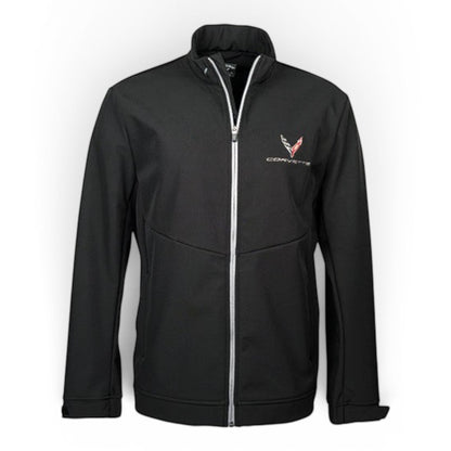 T-Top Vibes black Callaway softshell jacket featuring C8 Corvette branding, wind and water resistant fabric.