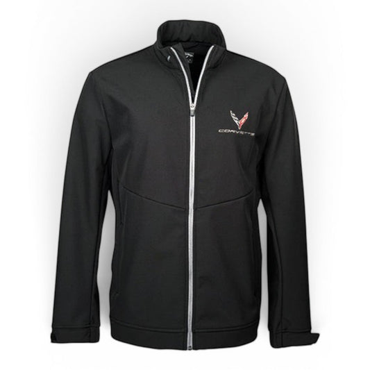 T-Top Vibes black Callaway softshell jacket featuring C8 Corvette branding, wind and water resistant fabric.