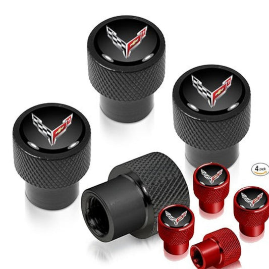 T-Top Vibes Corvette C8 black and red anodized aluminum valve stem caps with crossed-flags emblem and diamond-cut grip