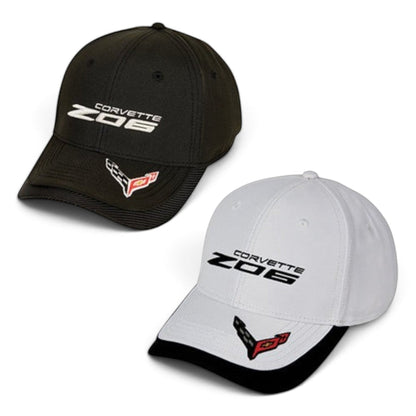 T-Top Vibes Corvette C8 Z06 caps in black and white with crossed-flags logo on the bill and adjustable back closure.
