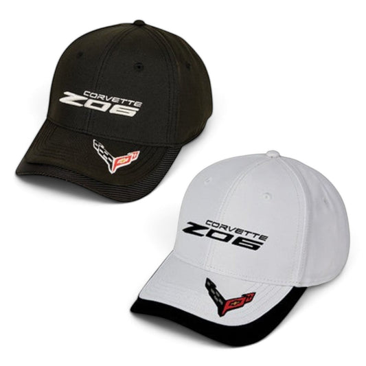 T-Top Vibes Corvette C8 Z06 caps in black and white with crossed-flags logo on the bill and adjustable back closure.