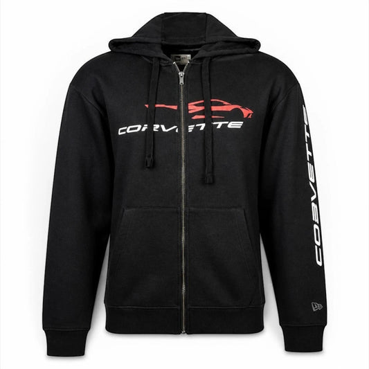 T-Top Vibes black New Era full-zip hoodie featuring a red C8 Corvette logo and white script on the sleeve.