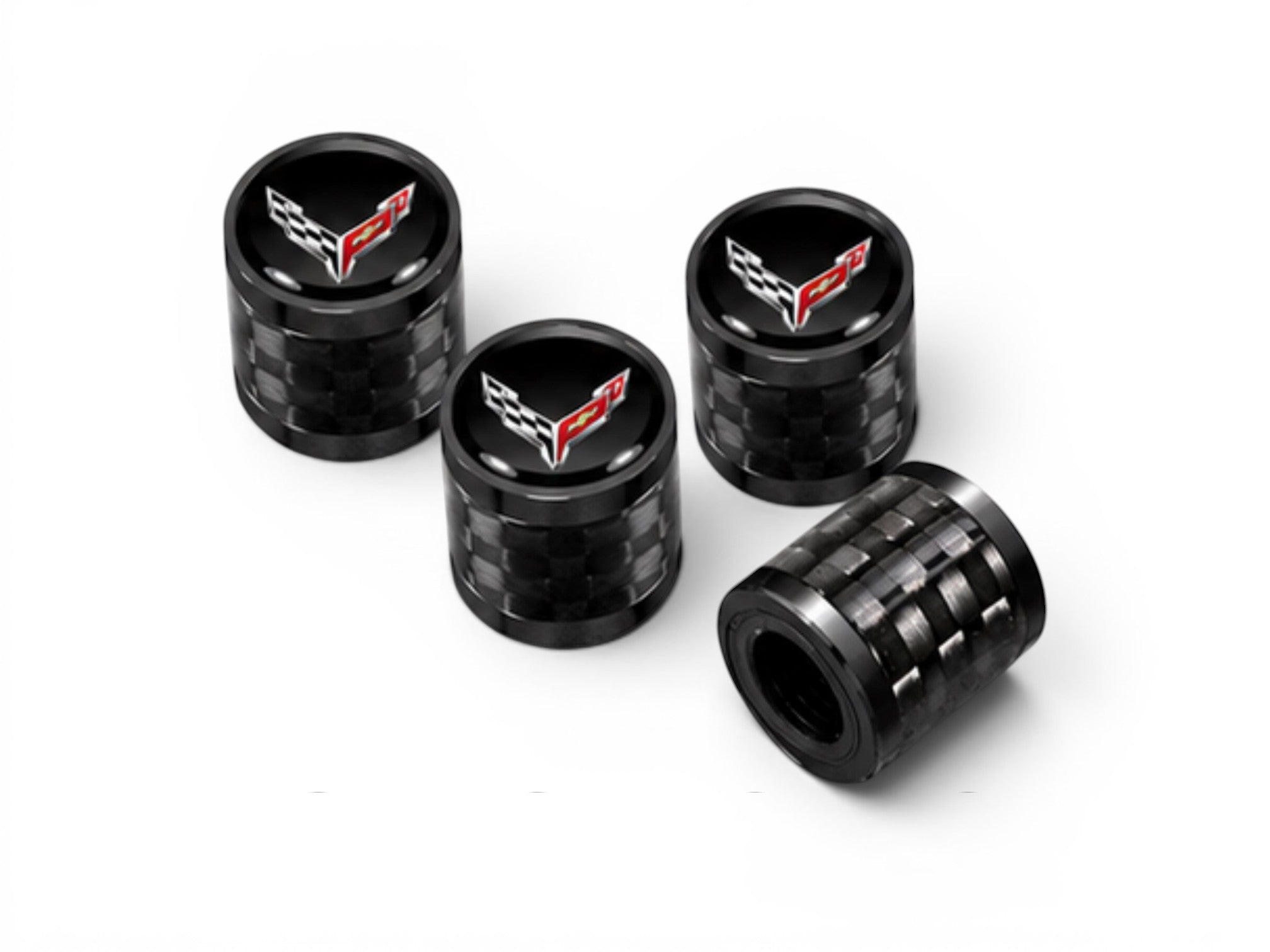 T-Top Vibes set of 4 C8 Corvette carbon fiber valve stem caps with crossed flags logo on a white background