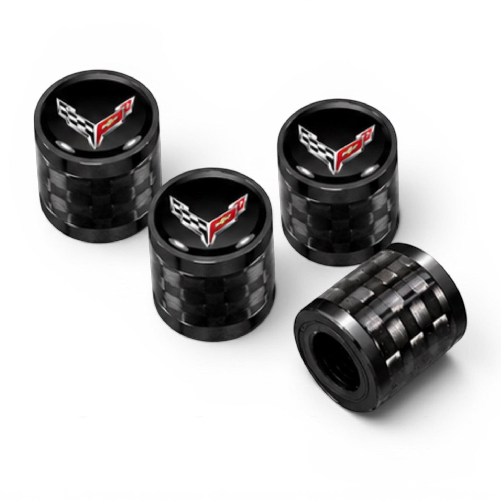 T-Top Vibes set of 4 C8 Corvette carbon fiber valve stem caps with crossed flags logo on a white background