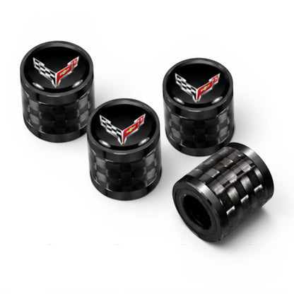 T-Top Vibes set of 4 C8 Corvette carbon fiber valve stem caps with crossed flags logo on a white background
