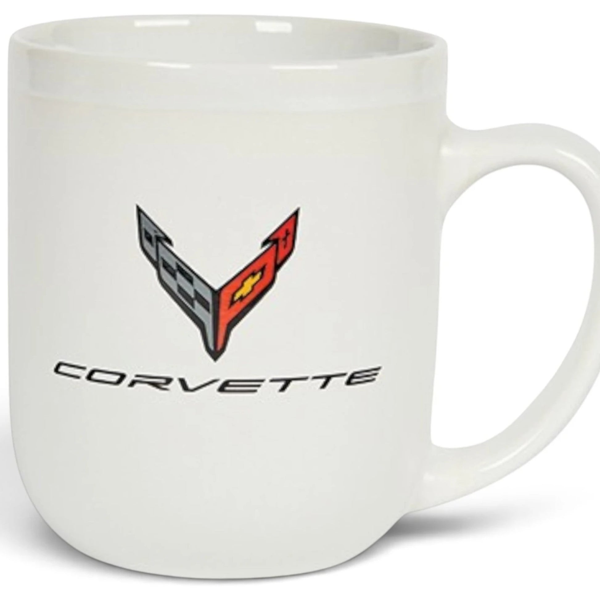 T-Top Vibes 16 oz matte white ceramic Corvette coffee mug featuring the iconic crossed flags emblem and script logo.