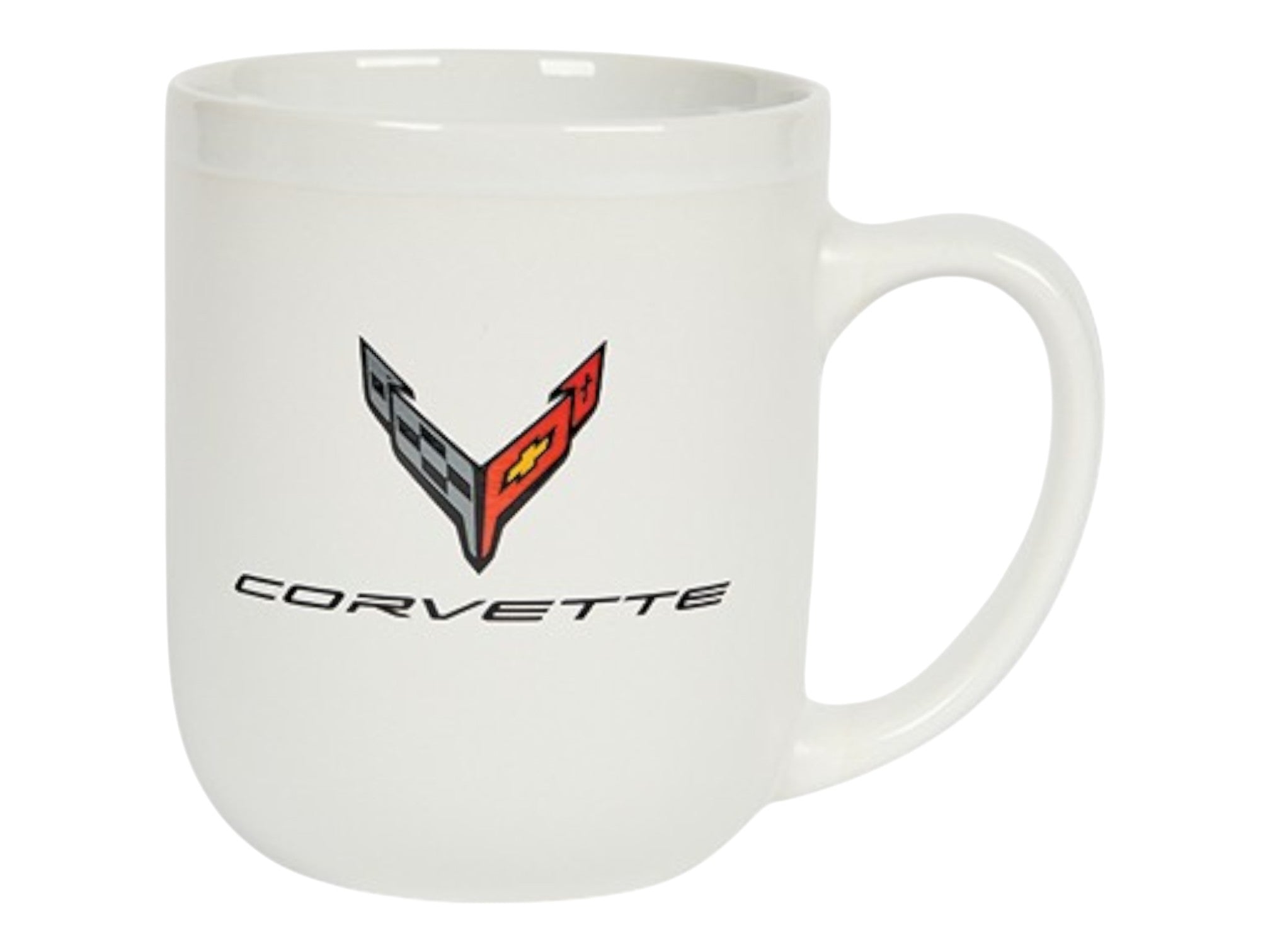 T-Top Vibes 16 oz matte white ceramic Corvette coffee mug featuring the iconic crossed flags emblem and script logo.