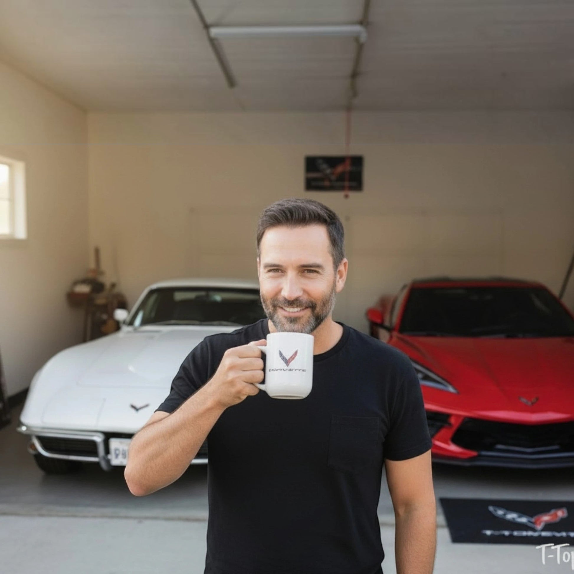 Man holding a T-Top Vibes Corvette ceramic mug in a garage with white and red sports cars in the background