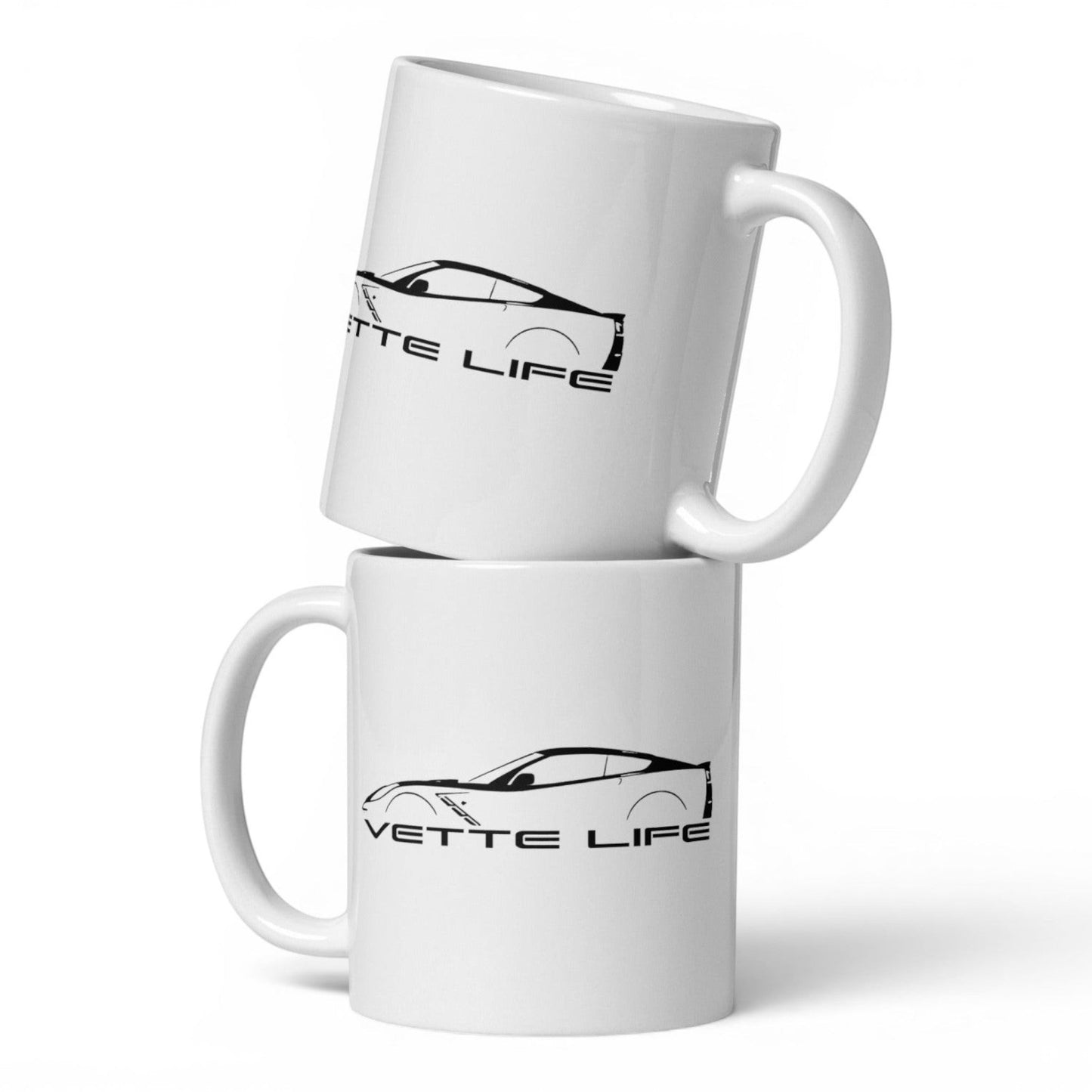 T-Top Vibes white ceramic mug featuring a black Corvette Vette Life logo on both sides, 11 oz capacity.