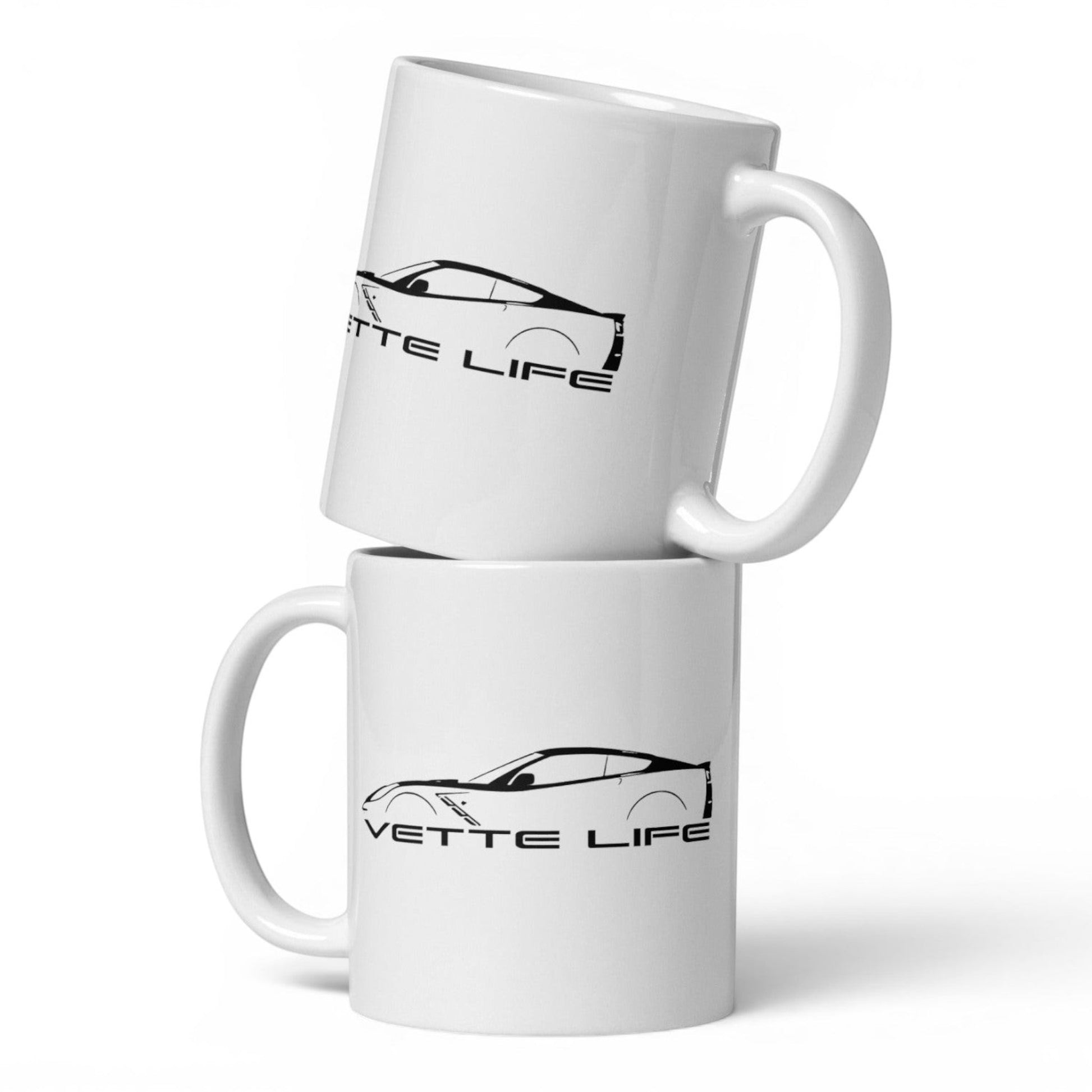 T-Top Vibes white ceramic mug featuring a black Corvette Vette Life logo on both sides, 11 oz capacity.