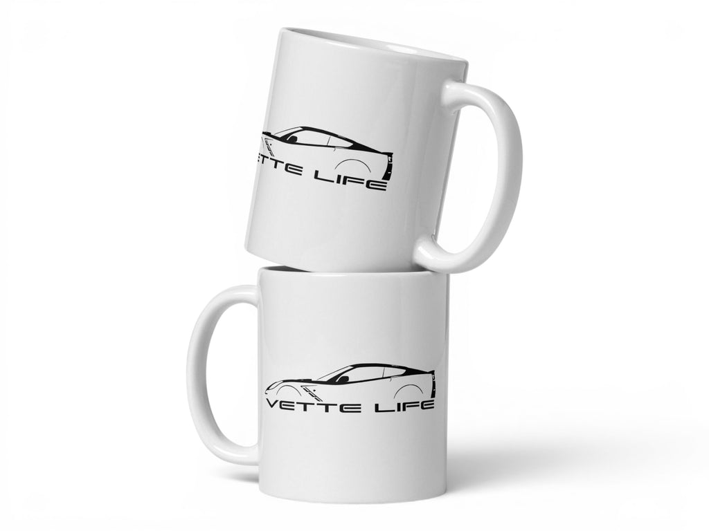 T-Top Vibes white ceramic mug featuring a black Corvette Vette Life logo on both sides, 11 oz capacity.
