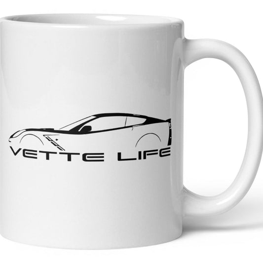T-Top Vibes white ceramic mug featuring a black Corvette silhouette and Vette Life text on the side.