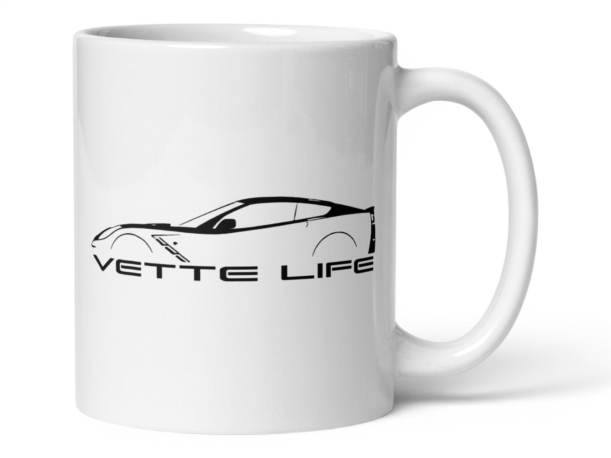 T-Top Vibes white ceramic mug featuring a black Corvette silhouette and Vette Life text on the side.