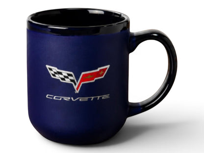 T-Top Vibes 16 oz ceramic Corvette coffee mug in matte cobalt blue with a glossy interior and C6 logo