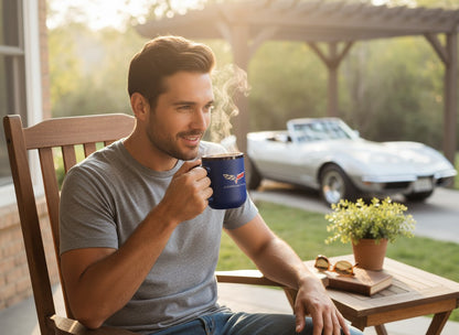 T-Top Vibes 16 oz matte cobalt blue ceramic Corvette coffee mug held by a man on a patio with a classic car nearby.