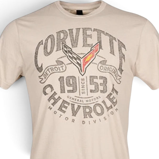 T-Top Vibes natural short-sleeve t-shirt featuring a vintage-style Corvette Detroit Original graphic print.
