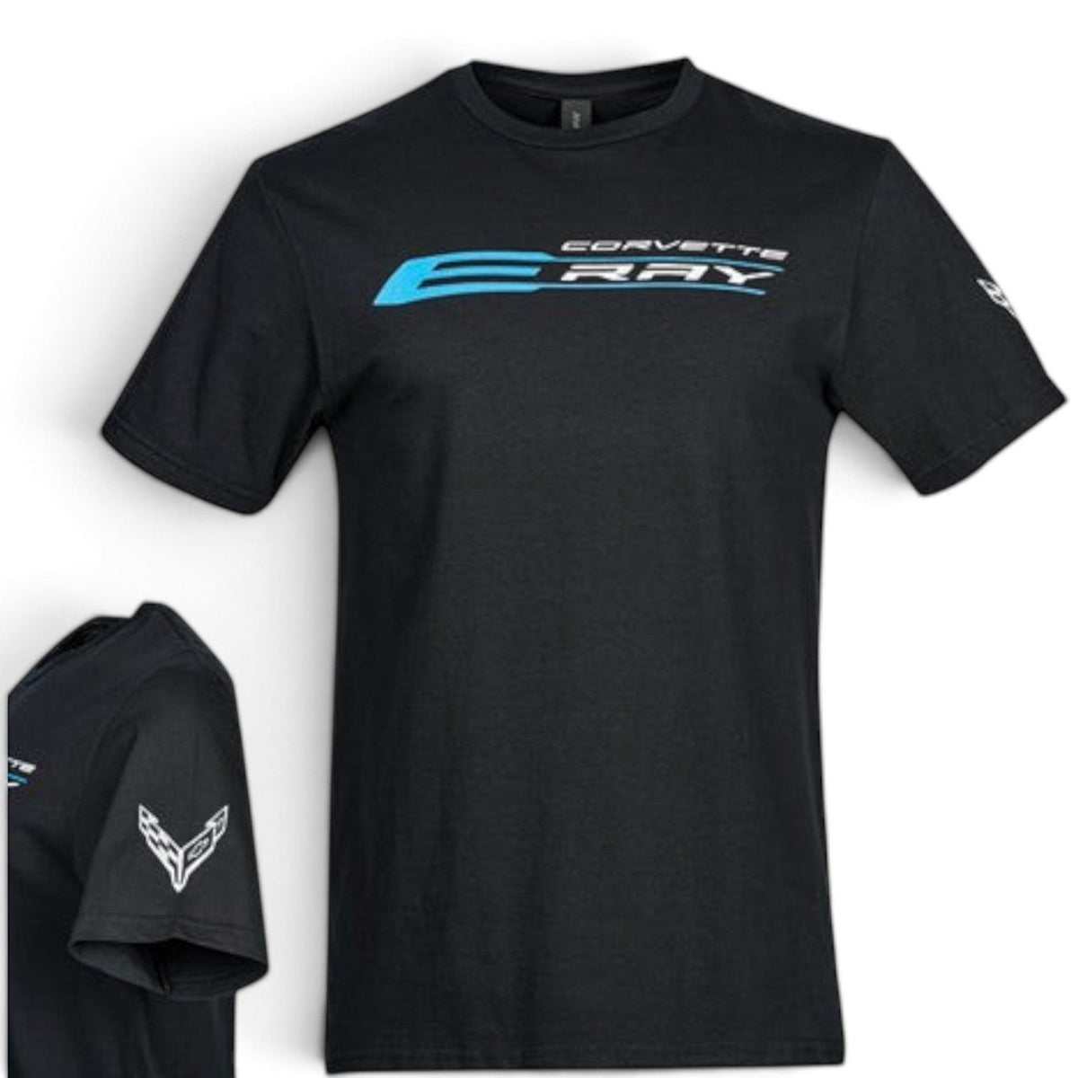 T-Top Vibes black Corvette E-Ray T-shirt featuring a blue and white logo on the chest and a sleeve emblem.