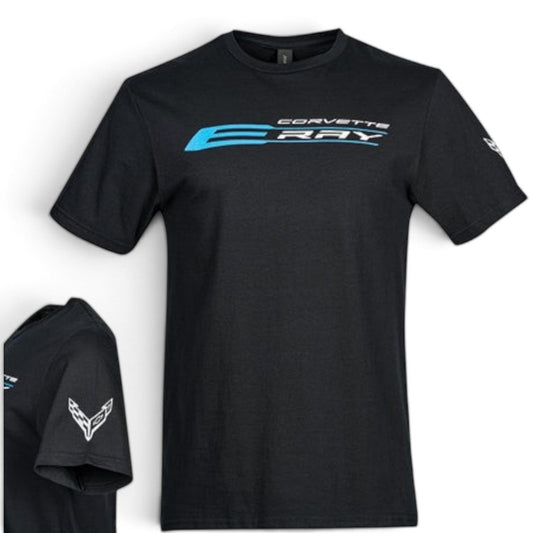 T-Top Vibes black Corvette E-Ray T-shirt featuring a blue and white logo on the chest and a sleeve emblem.