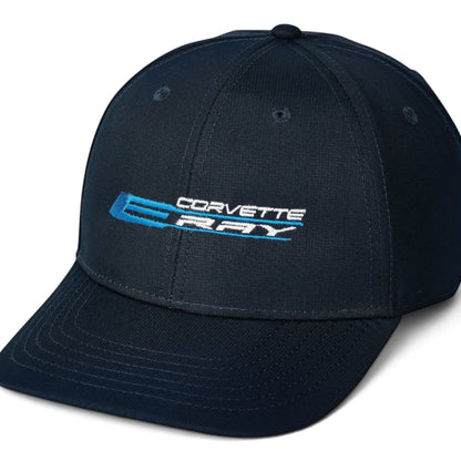 T-Top Vibes navy blue Corvette E-Ray performance cap with UPF 50+ moisture-wicking fabric and adjustable closure.