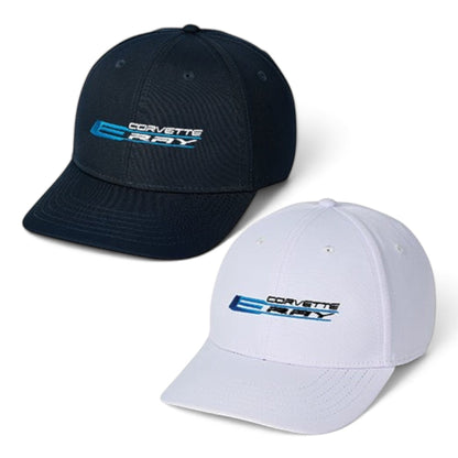 T-Top Vibes Corvette E-Ray performance caps in navy blue and white with moisture-wicking fabric and UPF 50+ protection