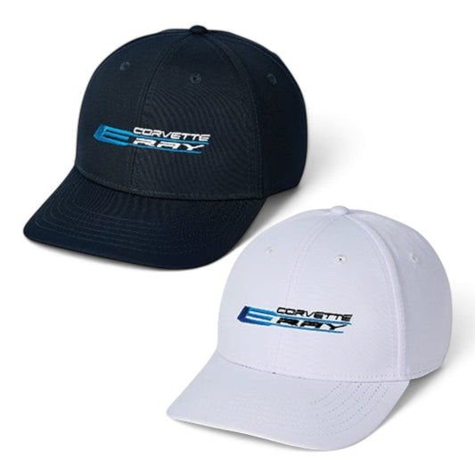 T-Top Vibes Corvette E-Ray performance caps in navy and white with moisture-wicking fabric and UPF 50+ protection.