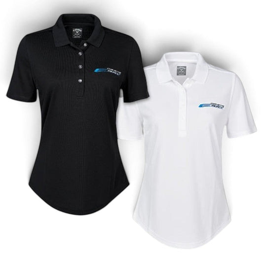 T-Top Vibes ladies Corvette E-Ray Callaway performance polo shirts in black and white with embroidered emblems