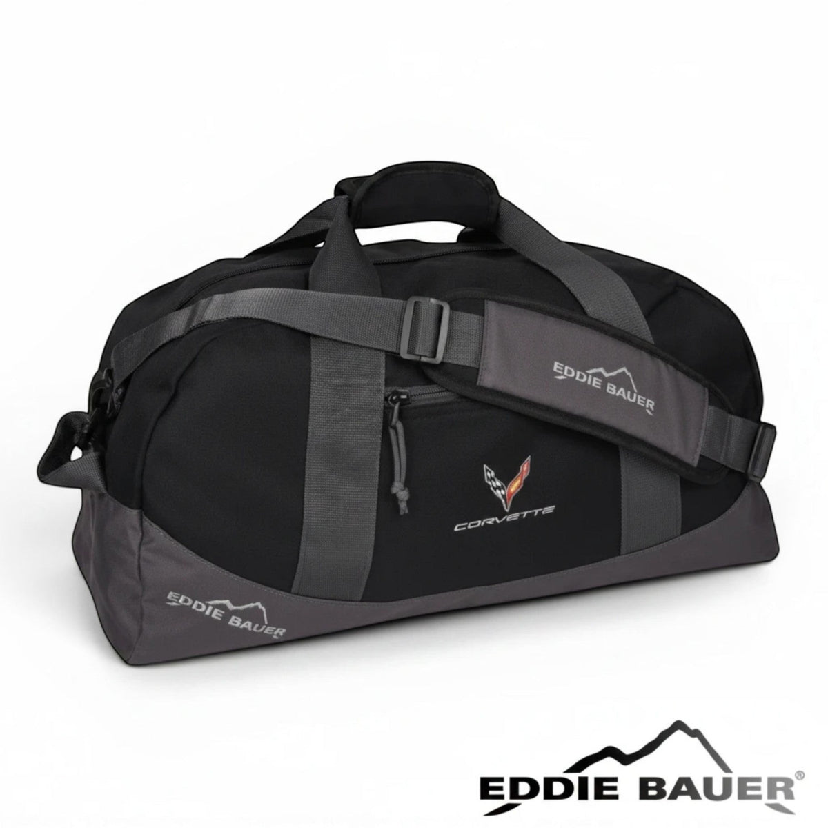 T-Top Vibes black Eddie Bauer medium duffel bag with embroidered 2020 Corvette emblem and adjustable shoulder strap